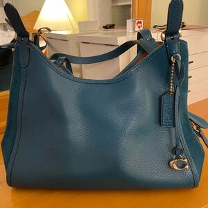 Coach Lori Mixed Leather Shoulder Bag, Deep Turquoise/Brass,  slightly used